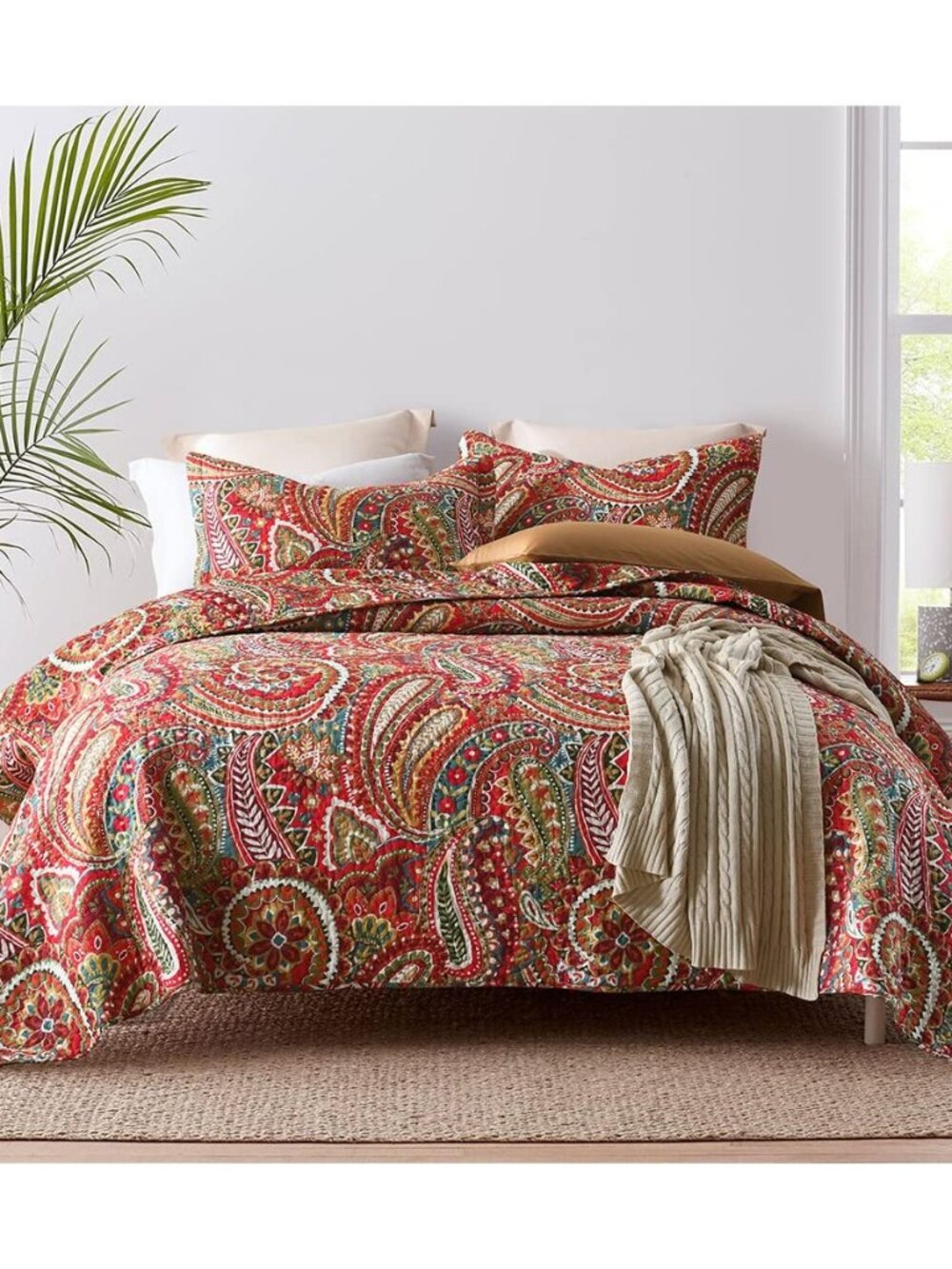 Paisley Quilt Queen Size, Breathable Cotton Bedspread with 2 Shams, Lightweight